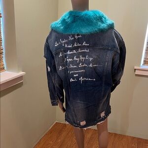 Guess Denim Jacket with Turquoise Fur Collar Size M/L